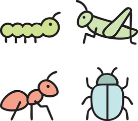 Caterpillar grasshopper bee ladybug icon set