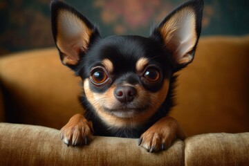 Close-up of a small black and tan dog with large expressive eyes resting its paws on a soft brown armchair, looking attentively and curiously
