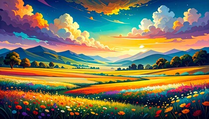 Fototapeta premium abstract summer illustration with a field of flowers and the sky, dramatic landscape