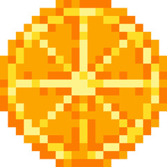 Single citrus slice in pixel art style. Fresh and vibrant orange or mandarin piece for digital design, icons, menus or playful summer graphics.