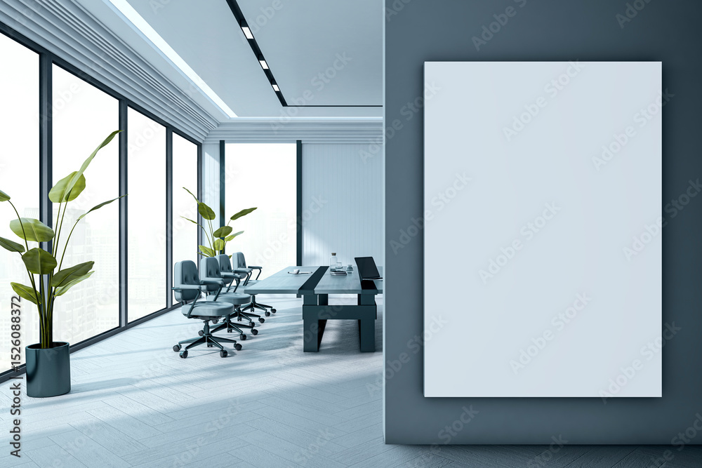 Poster vertical blank canvas poster mockup on dark wall in modern empty boardroom with large windows, sleek