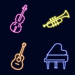 Neon string and brass instrument icon set