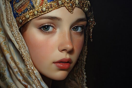 Jezebel portrayed as a Biblical figure in a detailed and evocative depiction showcasing her beauty and regality in a historical context