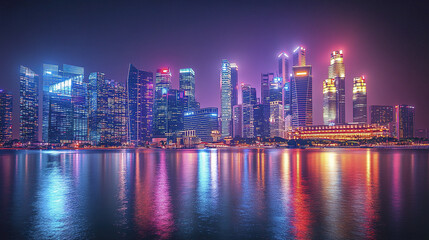 Naklejka premium vibrant skyline of modern city illuminated at night, reflecting on water surface