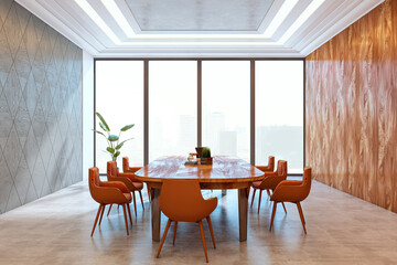 Modern empty boardroom with wooden table and orange chairs in high-rise office interior with city view and stylish wall design. 3D Rendering