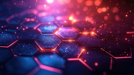 Fototapeta premium Close-up view of glowing hexagonal grid pattern with vivid neon purple and orange lighting creating a futuristic and dynamic atmosphere