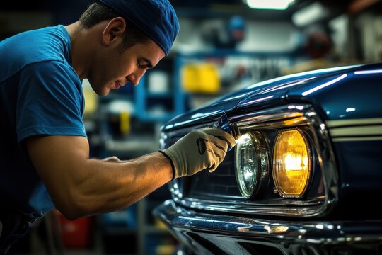 Mechanic polishes car headlight in workshop during late afternoon - Powered by Adobe