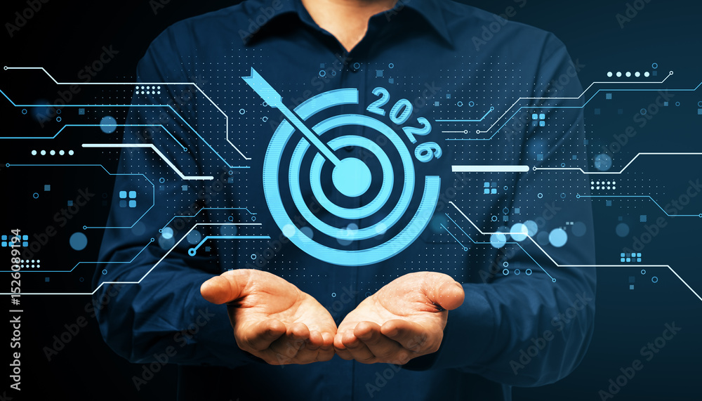 Poster businessman holding digital target icon with 2026 goal symbol, futuristic tech background and light 