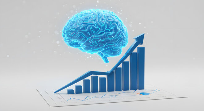 Brainpower fuels growth. A 3D rendering of a human brain hovers above a sharply rising bar graph, symbolizing the power of intellect and innovation to drive exponential progress.