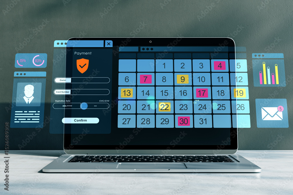Poster Digital calendar interface on laptop with payment form and data charts over gray background, representing online scheduling and finance concept. 3D Rendering