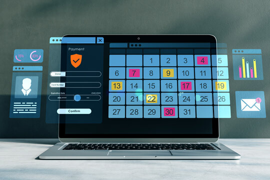 Digital calendar interface on laptop with payment form and data charts over gray background, representing online scheduling and finance concept. 3D Rendering