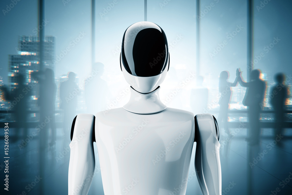 Aufkleber Futuristic humanoid robot with sleek design standing in modern office with blurred people in background, symbolizing automation and innovation. 3D Rendering