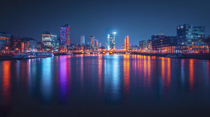 Naklejka premium vibrant night skyline of modern city reflecting on water, showcasing illuminated buildings