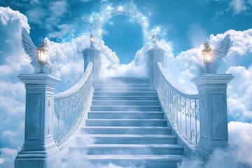Fototapeta premium Experience a mystical ascent on the grand stairway leading towards the ethereal gates of heaven surrounded by soft, fluffy clouds at a tranquil moment in time