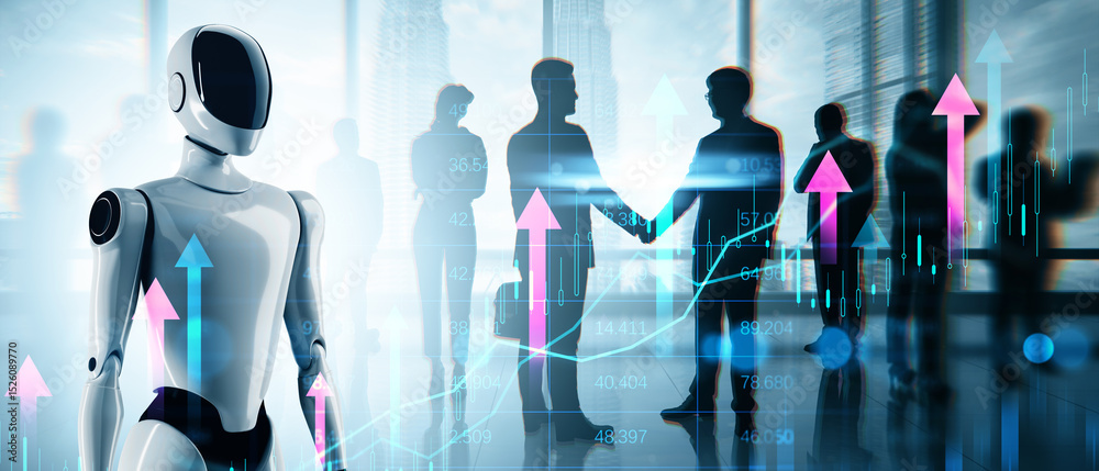 Poster futuristic robot and business people shaking hands with digital financial chart overlay on light cit