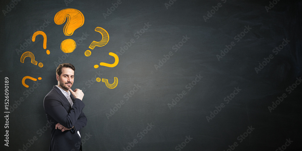 Poster confident businessman thinking with hand-drawn yellow question marks on black chalkboard background,