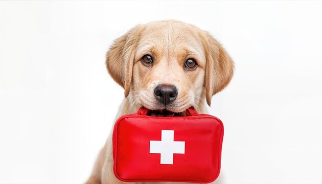 Playful Cute Labrador Pup Showing Off Its First Aid Skills with a Red Kit, Set Against a Striking White Backdrop, Radiating Energy and Vibrance.