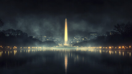 stunning panoramic view of Washington DC skyline night, showcasing illuminated monument