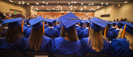 AI generator images of graduation celebration with students in the auditorium, Graduation ceremony with students wearing mortarboards and academic regalia listening to speaker at podium in grand 