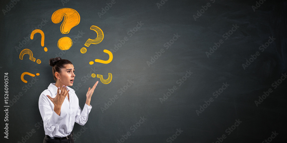 Poster confused businesswoman surrounded by yellow question marks on a dark chalkboard background with copy