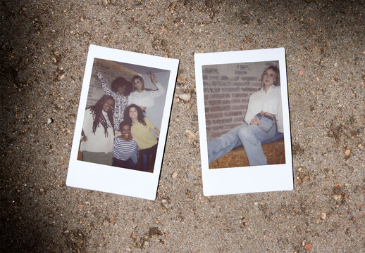 Mockup Design of Two Mini Polaroids on Ground. 46 x 62 mm