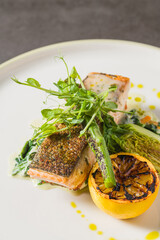 Grilled salmon fillet with charred lemon and greens on plate