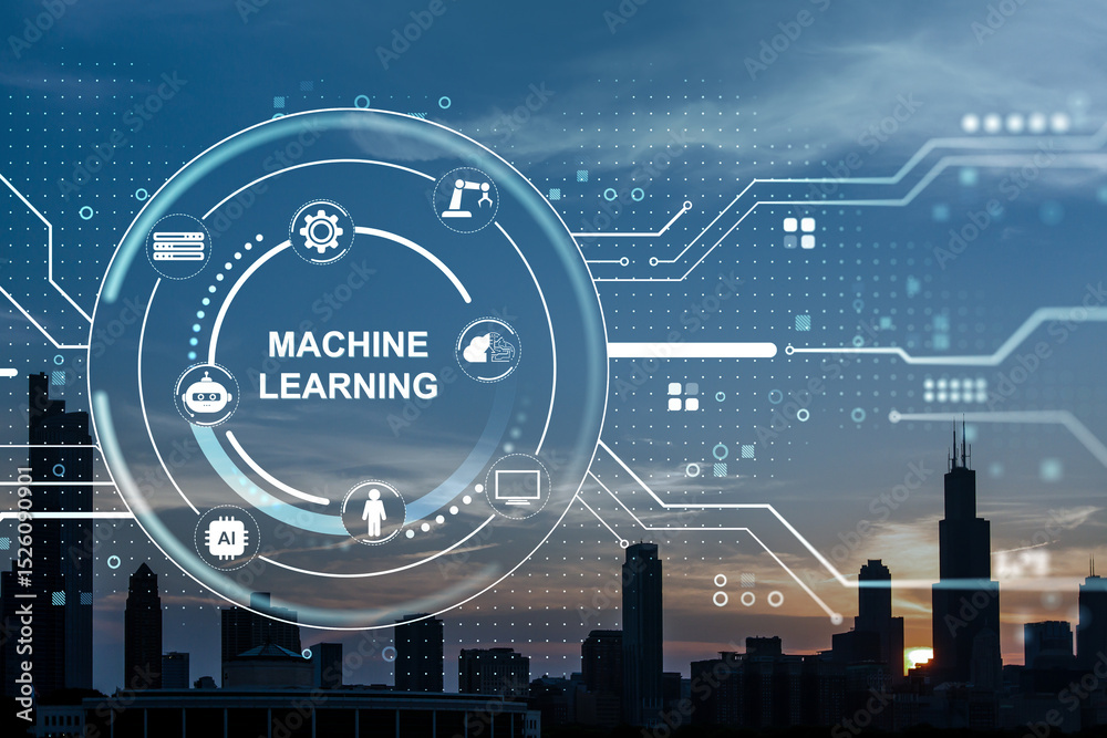Fototapete machine learning technology interface with futuristic digital icons on cityscape background at sunse
