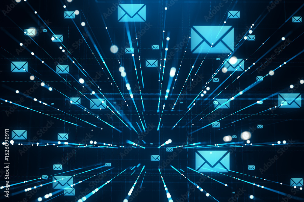 Aufkleber Digital email communication concept with glowing envelope icons and light rays on a futuristic blue background representing virtual inboxes. 3D Rendering