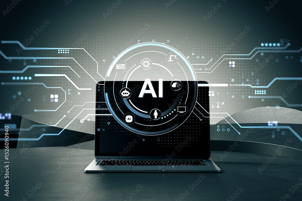 Poster Futuristic interface with AI hologram and digital symbols emerging from laptop screen on abstract background in tech and machine learning concept. 3D Rendering