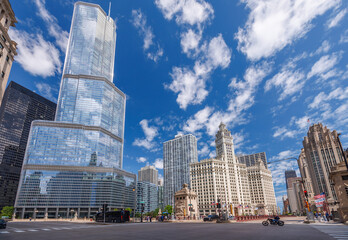 Vibrant sunny view of Chicago downtown skyline under a blue sky