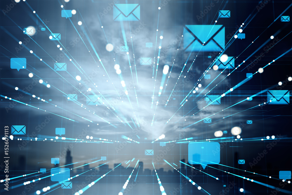 Poster Digital email communication symbols with glowing lines on futuristic abstract background illustrating online messaging and modern technology concept.