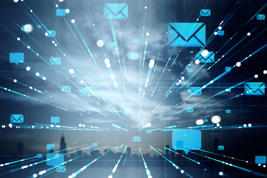 Digital email communication symbols with glowing lines on futuristic abstract background illustrating online messaging and modern technology concept.