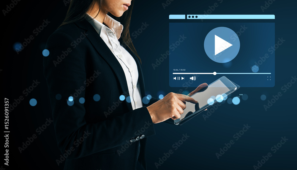 Poster businesswoman using tablet to stream video content on digital platform with futuristic background an