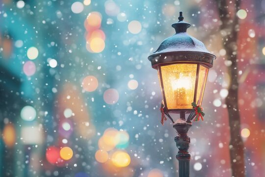 Charming street lamp illuminated in snowfall, creating a festive atmosphere in a cozy urban setting during winter twilight - Powered by Adobe