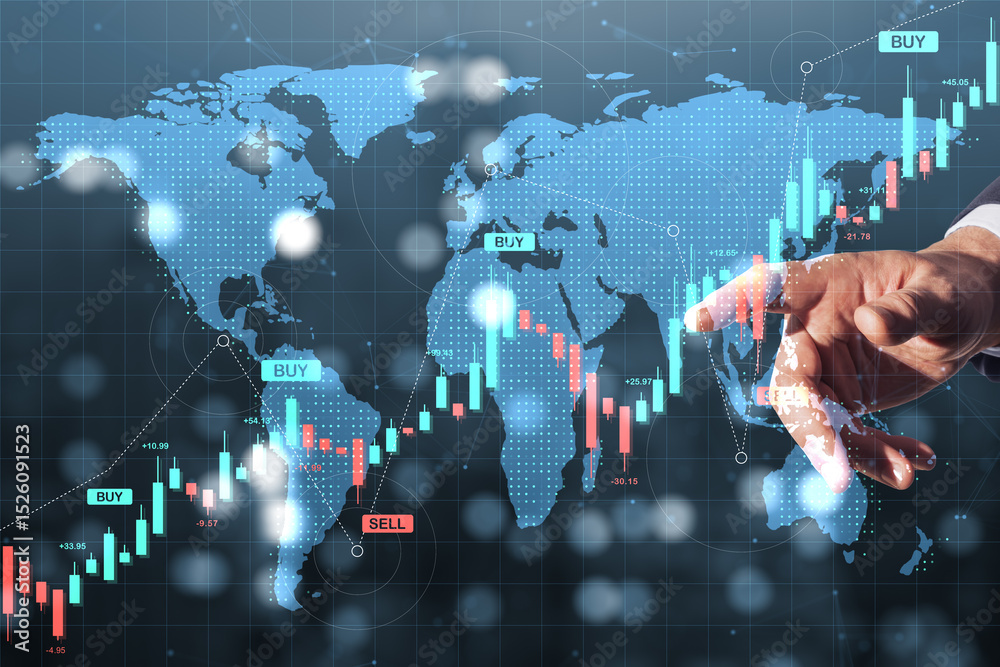Poster hand pointing at global stock market chart with buy and sell indicators over world map in digital fi