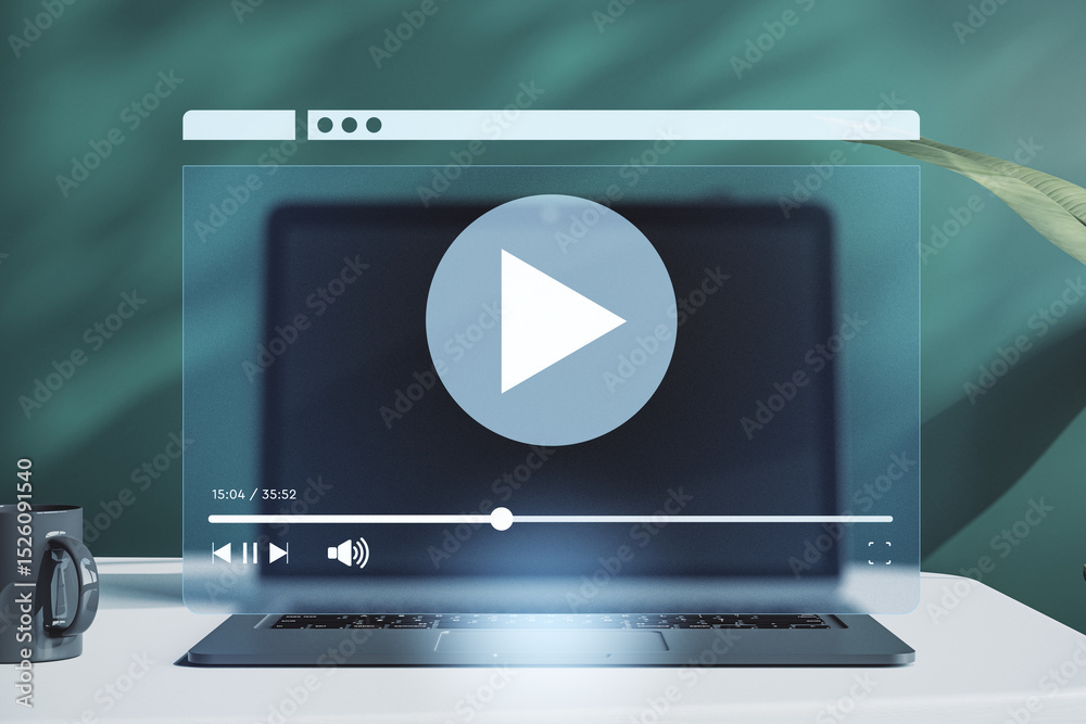 Aufkleber Digital media player interface over laptop on desk with futuristic streaming overlay and modern teal background in soft ambient light concept. 3D Rendering