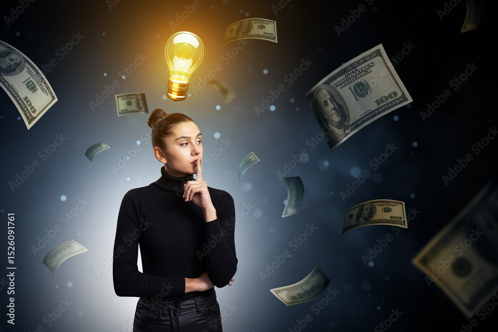 Poster thoughtful businesswoman with glowing lightbulb symbolizing idea, surrounded by floating money on ab