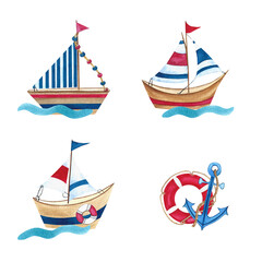 cute boats on the waves, lifebuoy and anchor, watercolor illustration, a set of elements for design, packaging, textiles, tableware for children