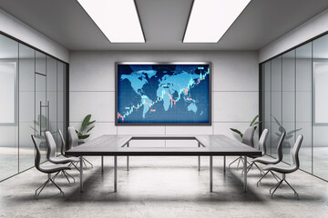 Modern corporate meeting room interior with glass partitions and financial stock market chart on digital screen display wall background. 3D Rendering