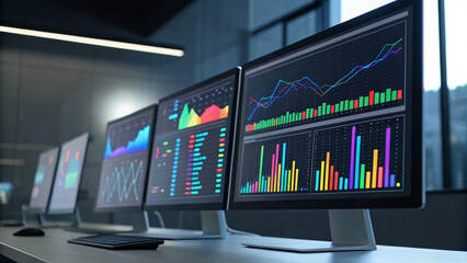 Fototapeta premium Business Technology & Automation concept. High-tech workspace with multiple monitors displaying data analytics.
