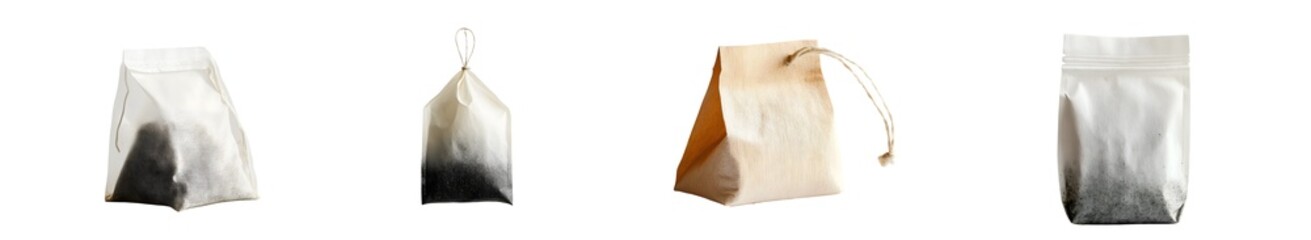 set of Tea bags in various shapes and materials. isolated on transparent background