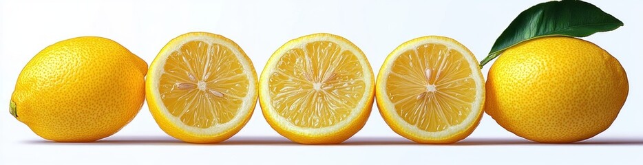Fresh whole and halved lemons arranged in a row with vibrant yellow skin and green leaf on a white background