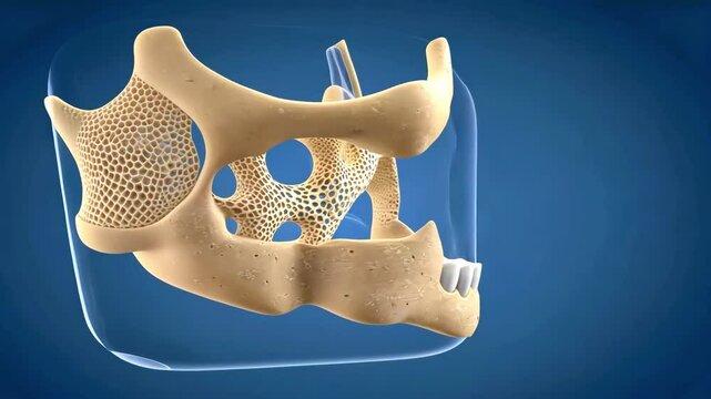 Detailed 3D illustration of a human skull structure highlighting bone density and anatomy features