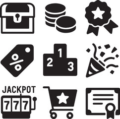 Professional graphic design clipart set 2D illustration, Vector set of reward flat icons in black silhouette