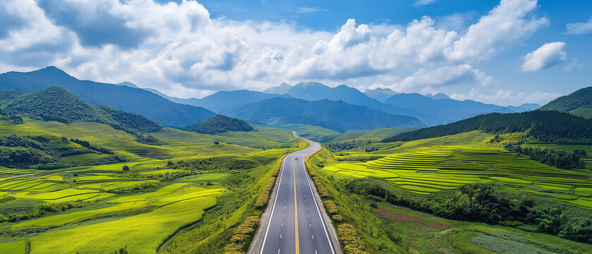AI generator images of winding mountain road curving through a scenic landscape with dramatic view, High angle view of winding road amidst tree, long road with mountains, Endless road nature 