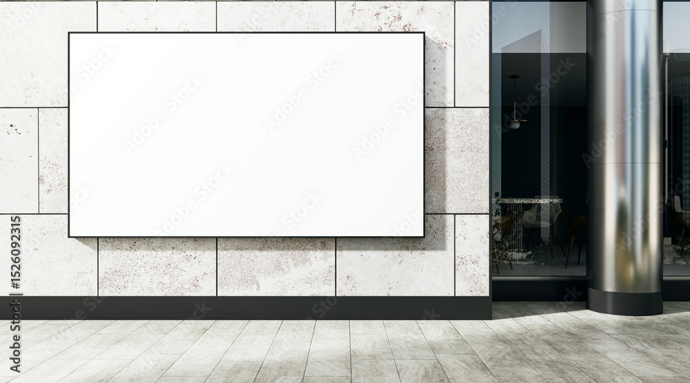 Poster Blank rectangular billboard mockup on modern stone wall outside a retail business storefront with clean light background for advertising display. 3D Rendering