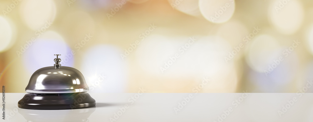 Poster Hotel service bell on reception counter with blurred light background and empty copy space for hospitality or office design template concept. 3D Rendering