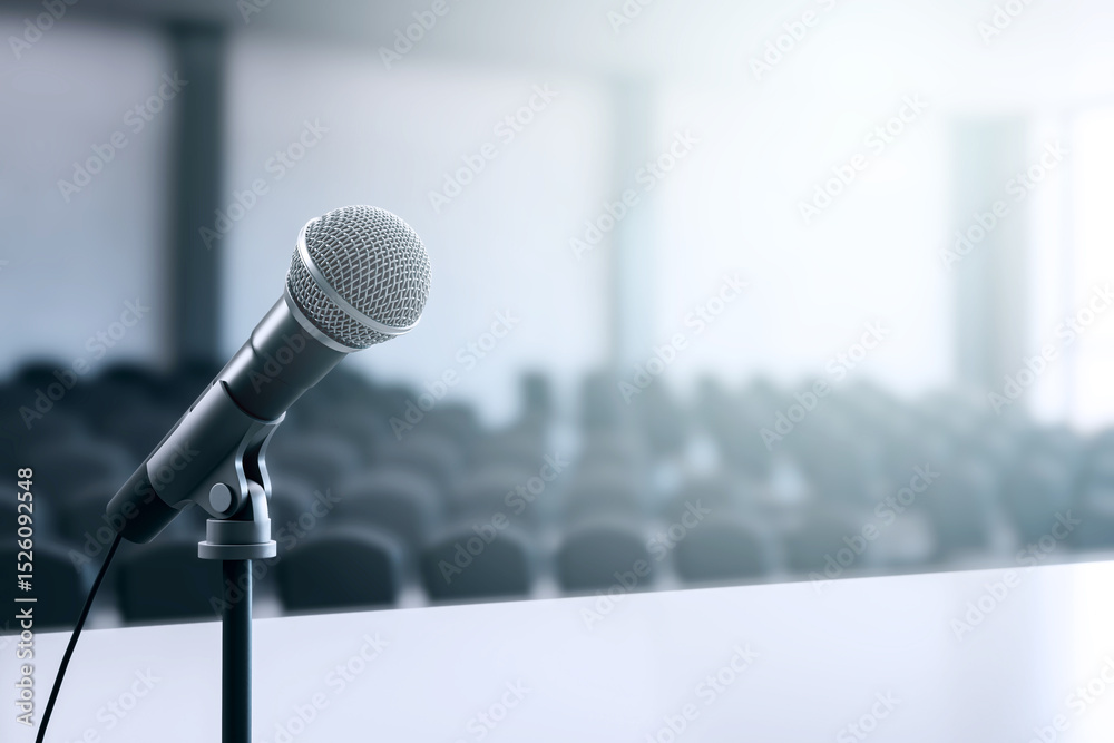 Poster closeup of microphone on stand in empty conference room with blurred background, soft lighting and i