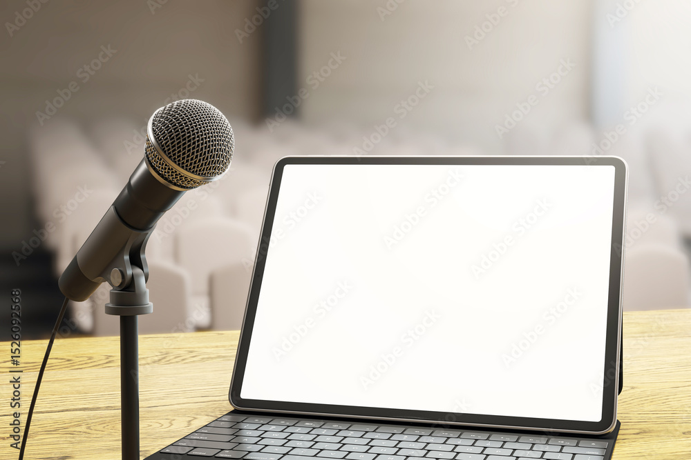 Aufkleber Microphone and laptop with blank screen on wooden stage desk in empty auditorium with soft background lighting during workshop setup scene. 3D Rendering