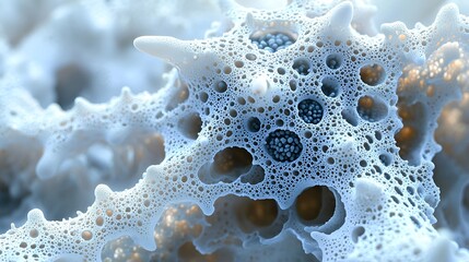 Abstract 3D render of a porous, organic structure with cavities and nodules.